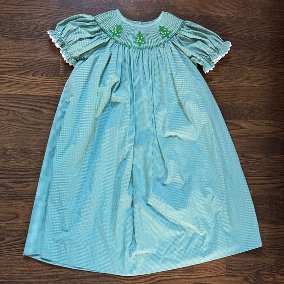 white christmas dresses Christmas Tree Trio Smocked Dress, Green Gingham – Stitchy Fish main image 1